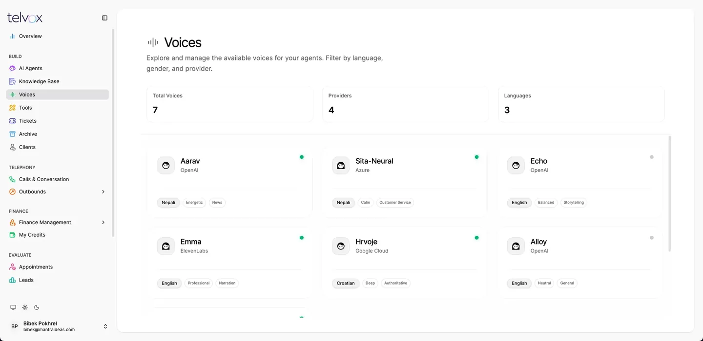 The voice library, filterable by language, gender and provider.
