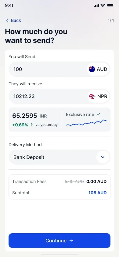 Step one of the send flow with dual currency inputs, the rate card, delivery method, fee and subtotal.