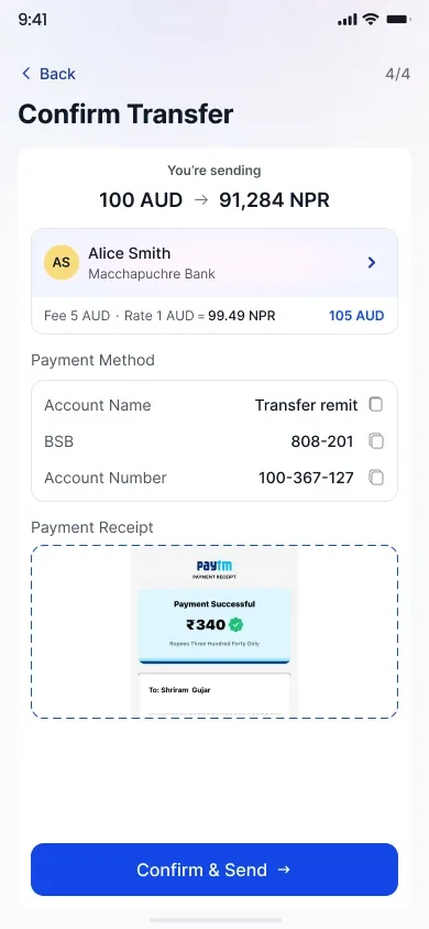 Confirm transfer screen summarising amount, recipient bank, fee, rate and the uploaded receipt thumbnail.
