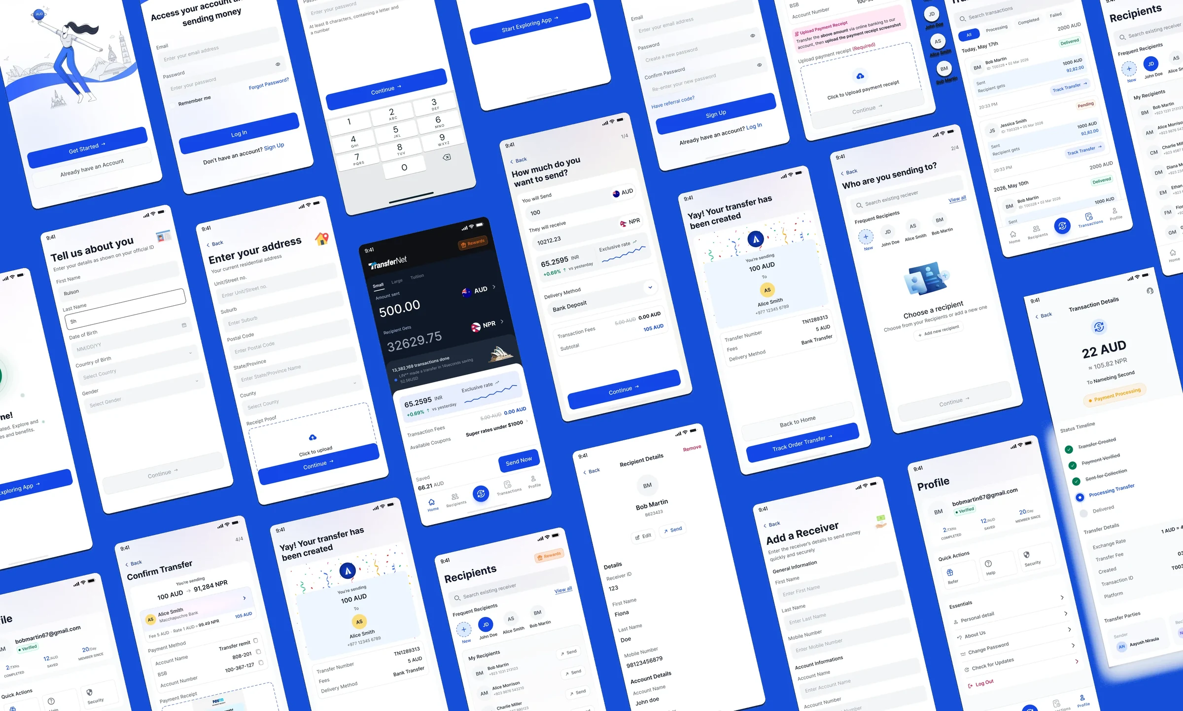TransferNet app screens arranged across a blue field, from onboarding through to transfer tracking.
