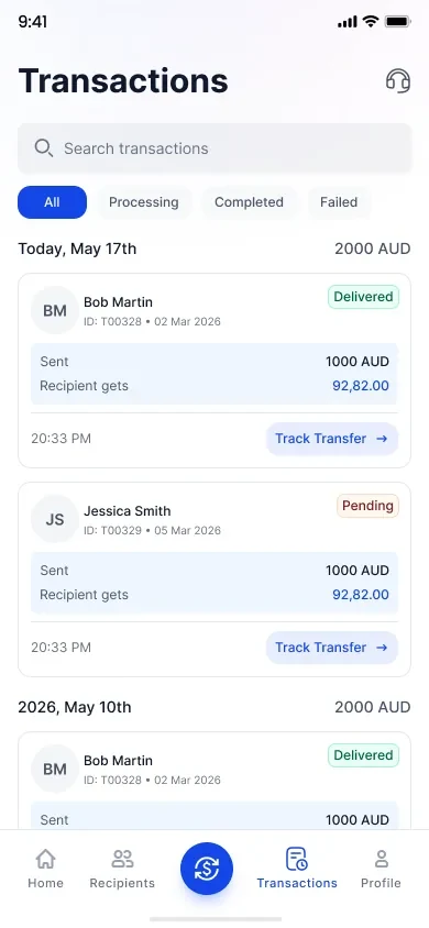 Transaction history grouped by date with a daily total, status filter chips and a track shortcut on every row.