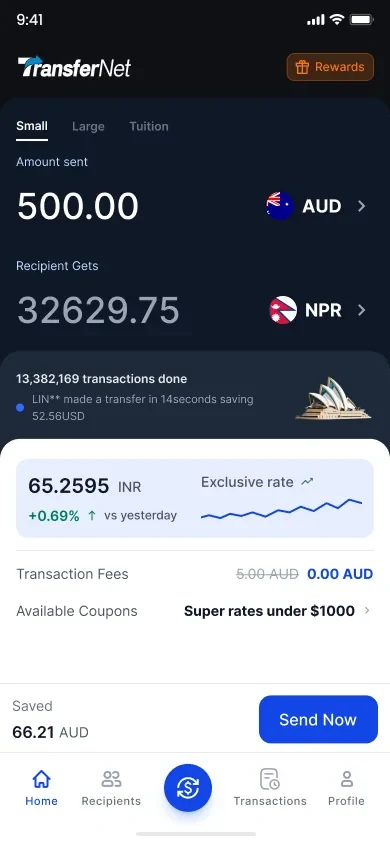 Home screen leading with the exchange rate, a trend line, transfer-type tabs and the fee shown before any tap.