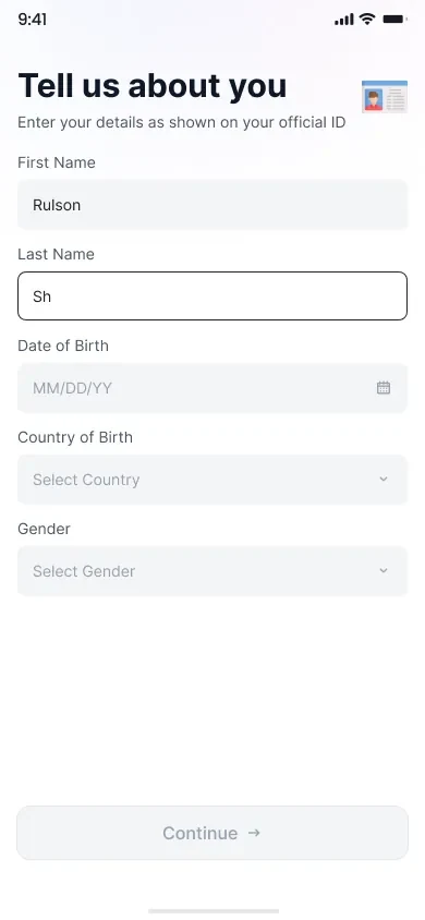 Identity form partly filled with the continue button held disabled.