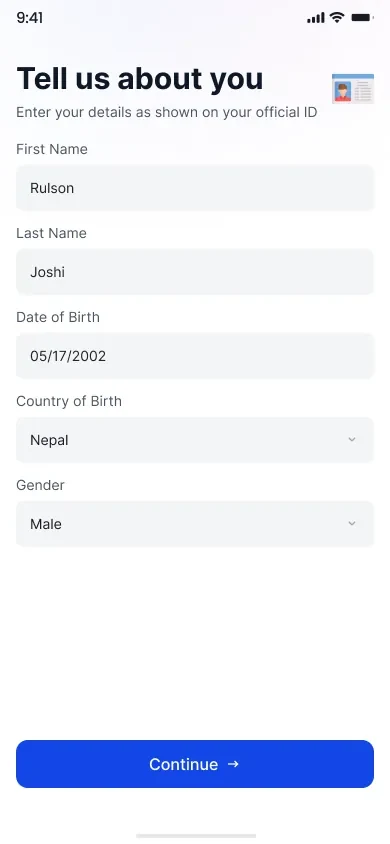 The same identity form complete, with the continue button now active.