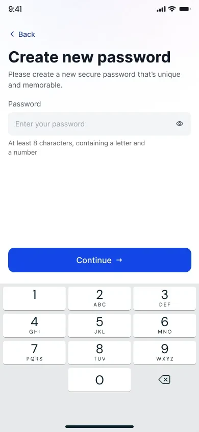 Create new password screen with the character requirements stated inline beneath the field.
