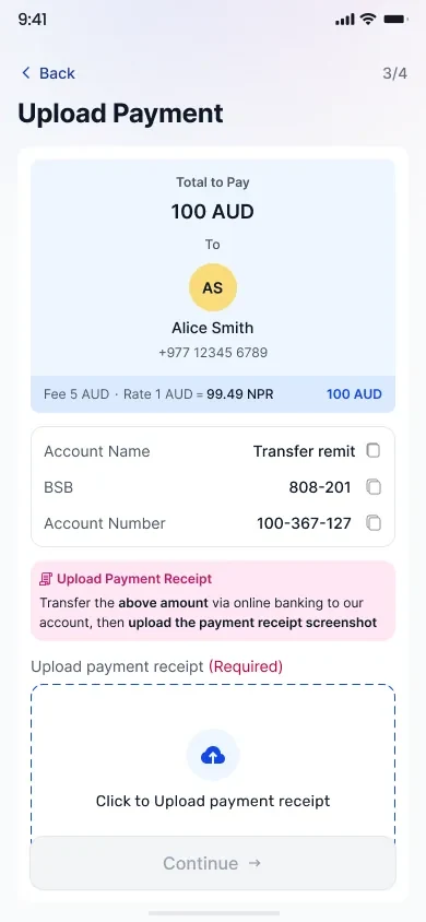 Payment step with copyable bank account details, an instruction callout and a required receipt upload zone.