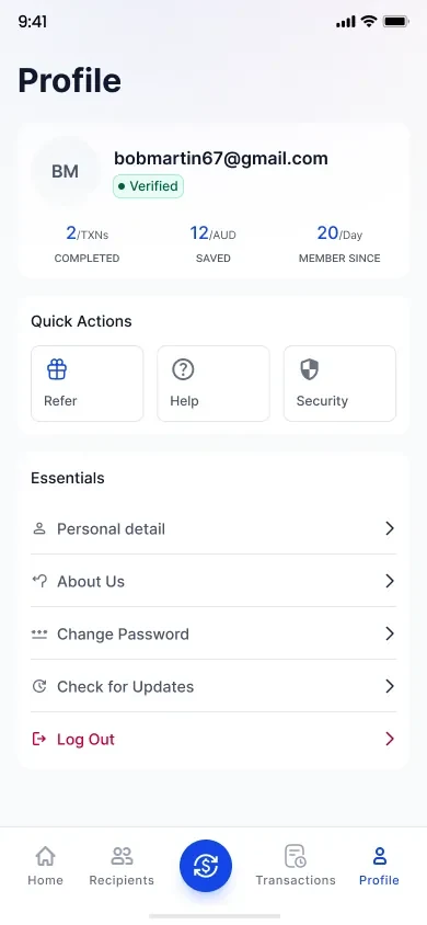 Profile screen with a verified badge, three personal stats, quick action tiles and a settings list.