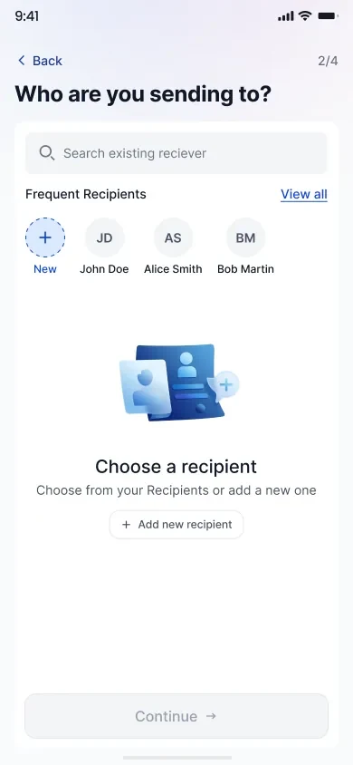 Step two of the send flow with frequent recipients as avatar pills, a search field and an illustrated empty state.