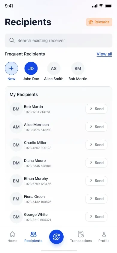 Recipients list with frequent contacts as pills above a searchable list, each row carrying a send shortcut.