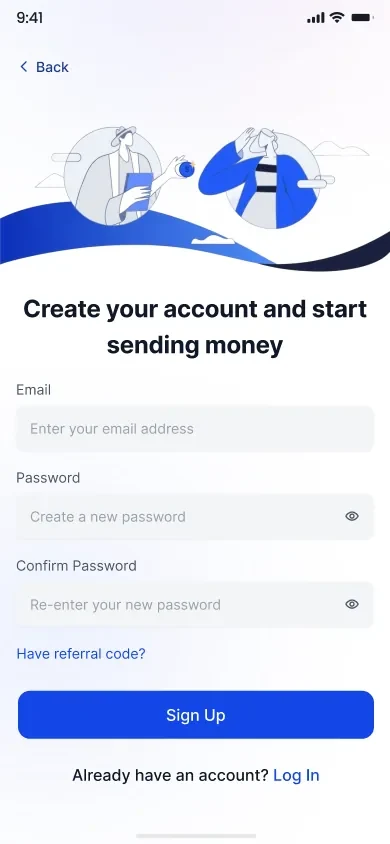 Create account form with email, password and confirm password fields.