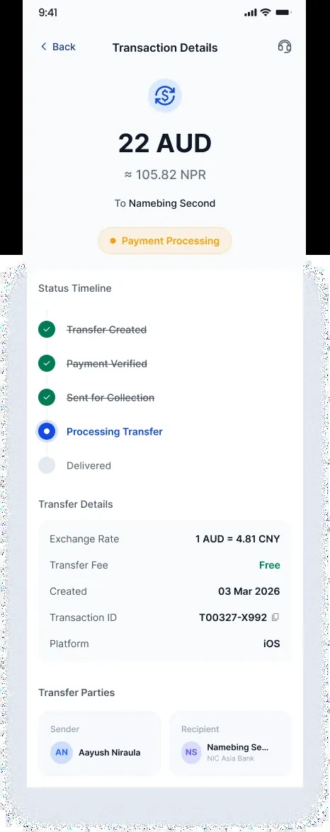Transfer detail with a status pill above a five-stage vertical timeline showing completed, active and pending states.