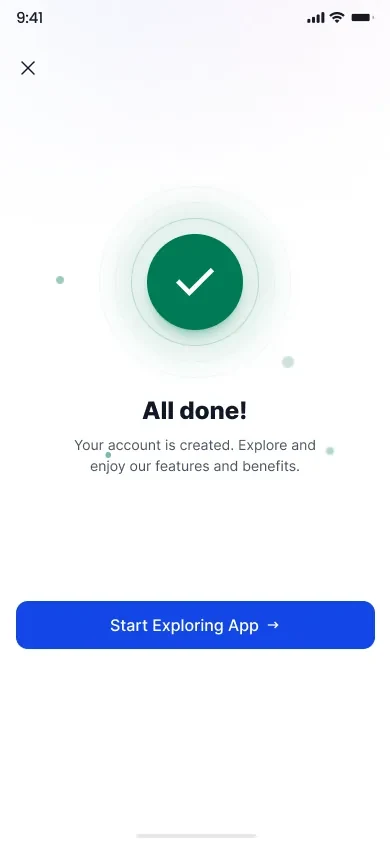 Verification complete screen with a green check and a single call to action.